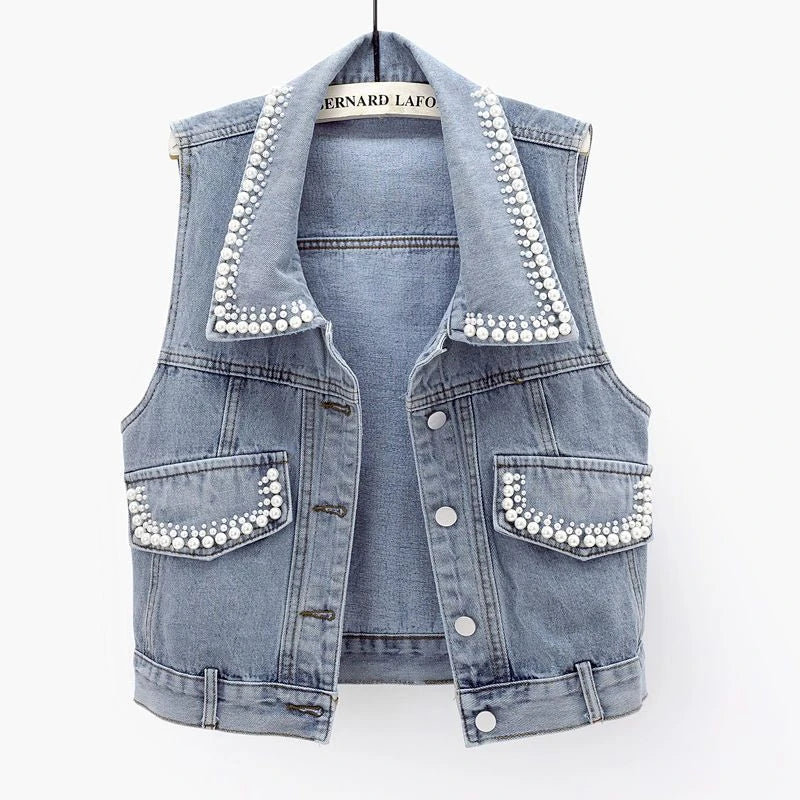 Women's Slim Denim Waistcoat – Beaded Pearls Spring Vibes ✨👖