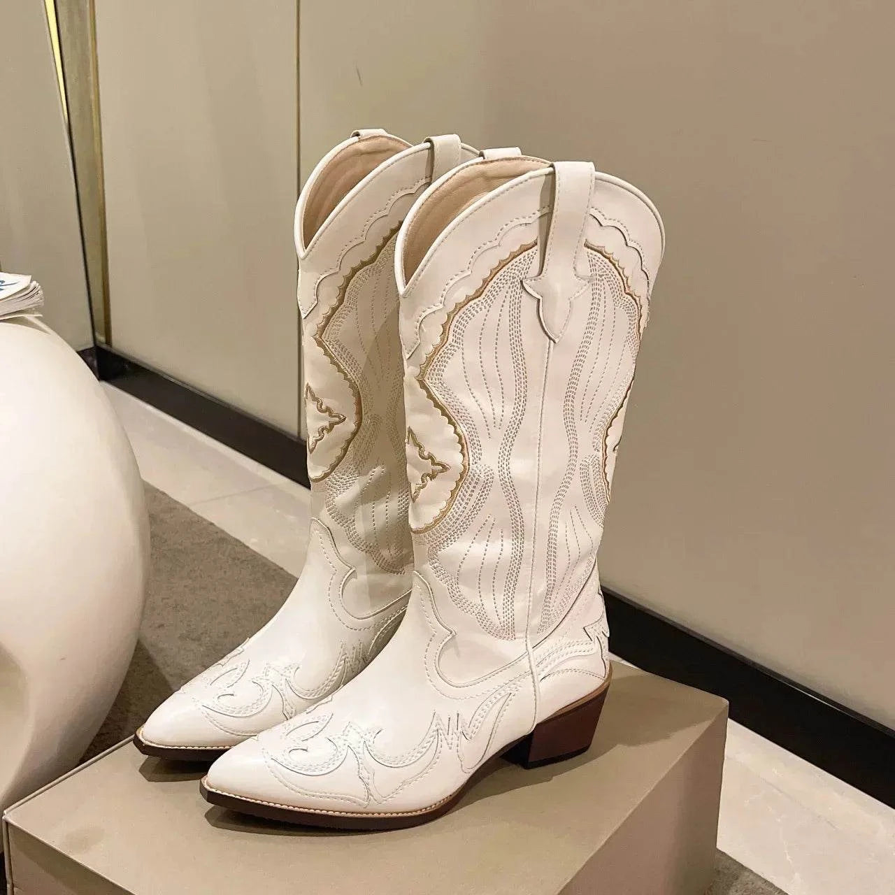 Shop All I Want Beige / 36 SHOP ALL I WANT Embroidered Western Mid-Calf Boots