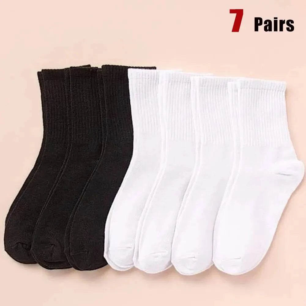 Shop All I Want SHOP ALL I WANT 🧦 7 Pairs Mid-Length Socks – Classic Black & White, Fashionable & Breathable for Women’s Casual & Sports 🌟