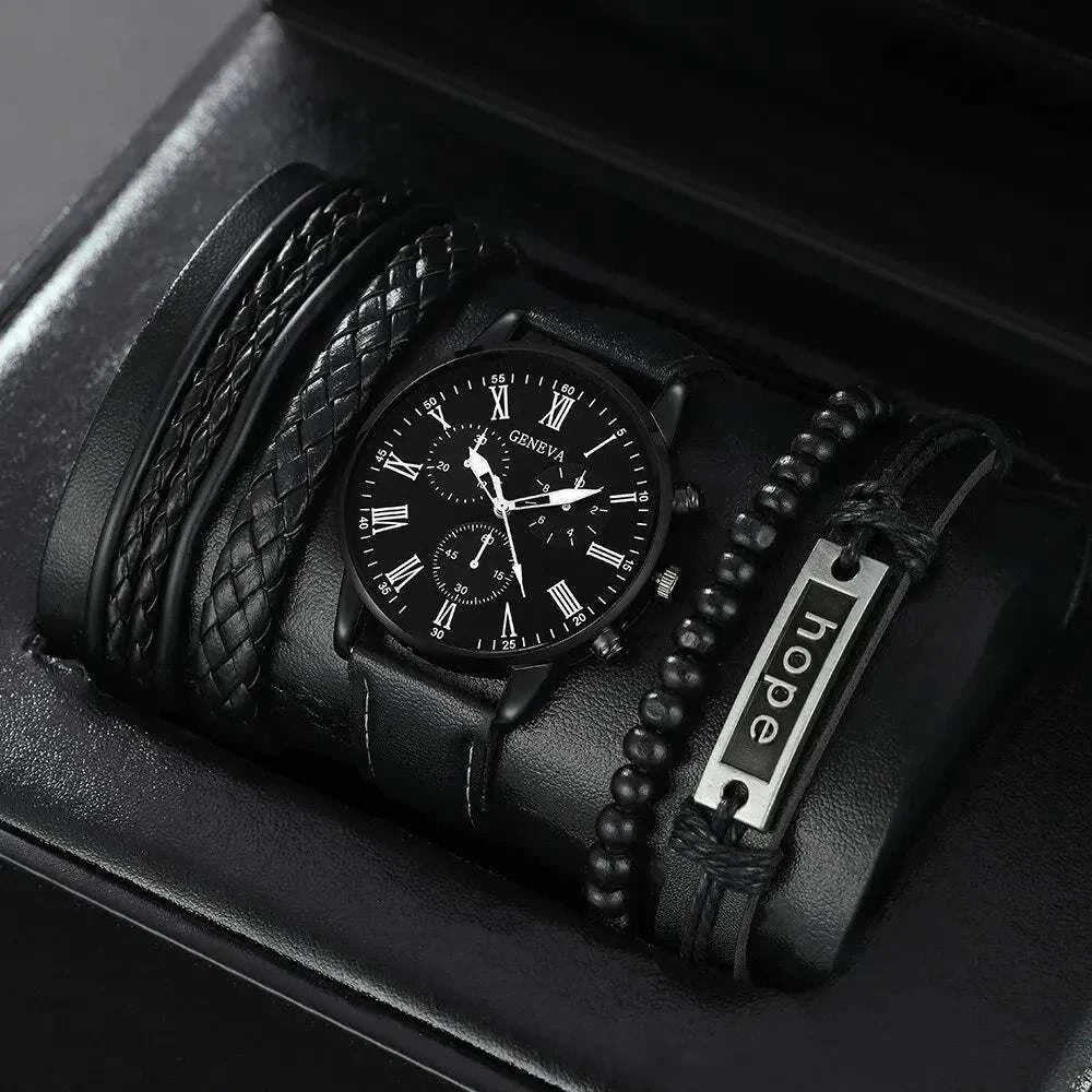 Shop All I Want Black Shop All I Want 🕰️ 4pcs Men's Watch Set – Quartz, Simple & Elegant, Business & Leisure Bracelet Watches 💼