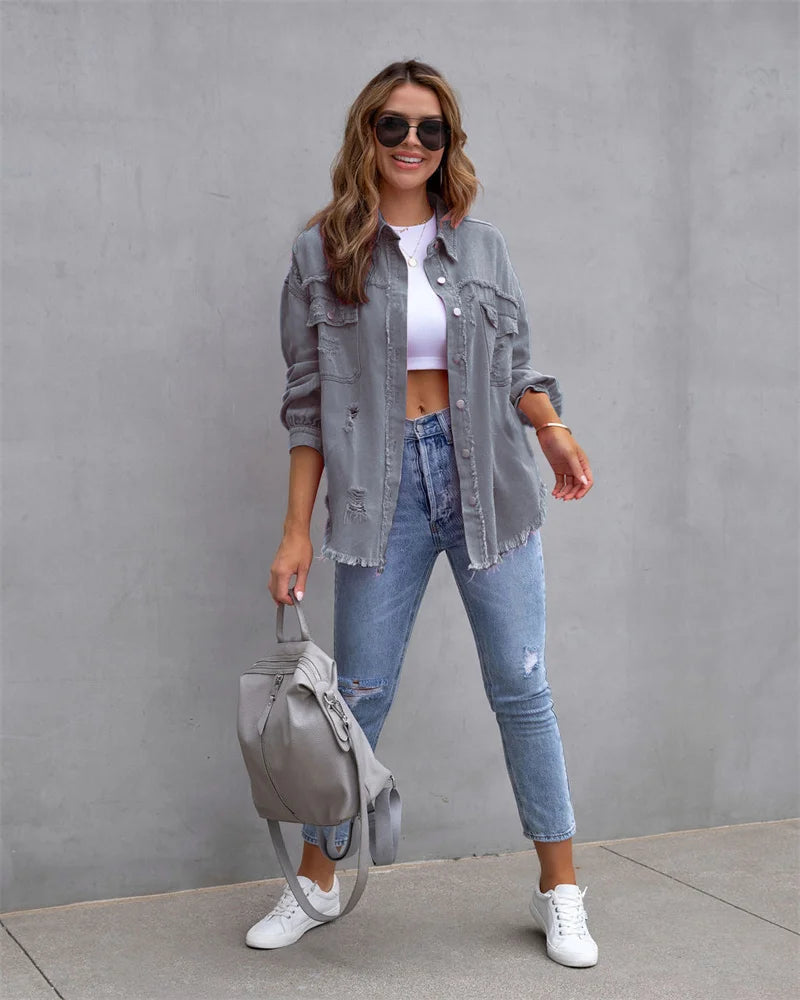 Raw-Edges Denim Jacket | Casual Women’s Outerwear for Spring & Autumn 🌼