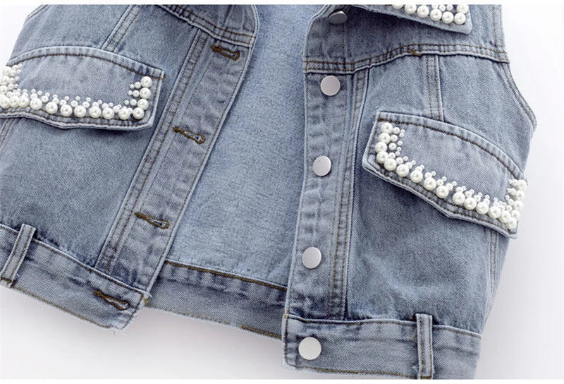 Women's Slim Denim Waistcoat – Beaded Pearls Spring Vibes ✨👖