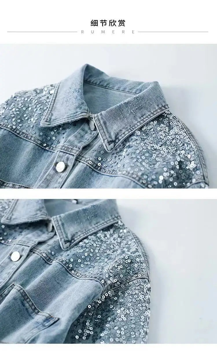 Women's Denim Coat Full Pearls & Beaded Crystal Long Sleeve Jacket 💎