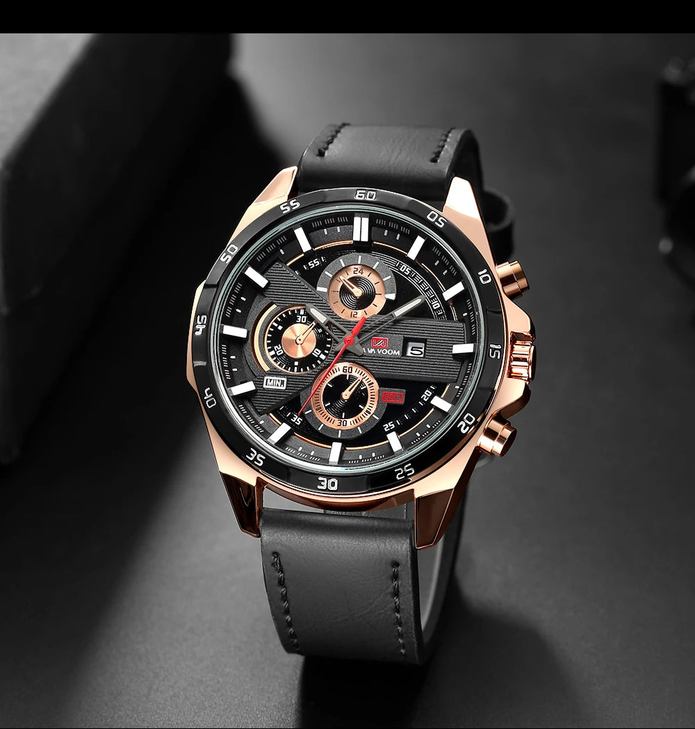 Men’s Sports Style Watch – 46mm Large Leather Racing Quartz Watch with Calendar Function in Black and Rose Gold 🌟⌚