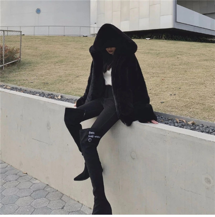 Hooded Faux Rabbit Fur Jacket – Loose Thicken Plush Coat for Women, Luxury Winter Furry Chaquetas ❄️✨