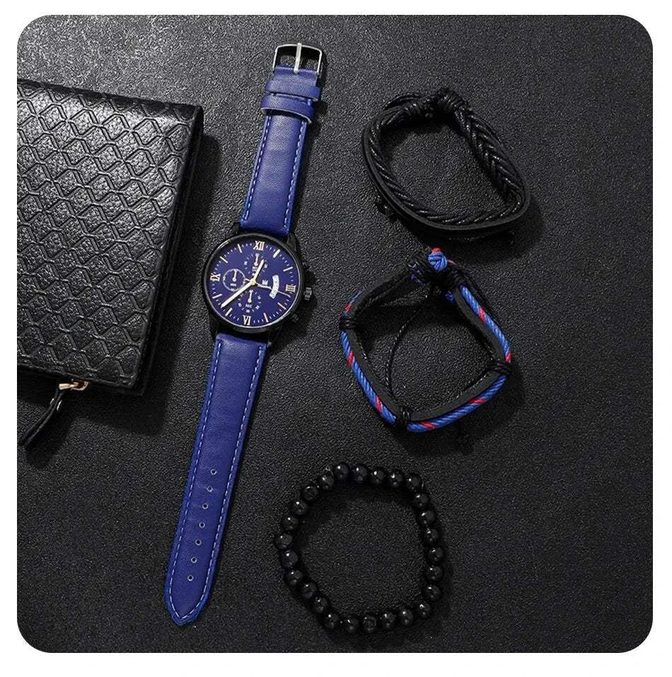 Shop All I Want Shop All I Want 🕶️ 4pcs Men's Watch Set – Fashion Leather Band, Calendar & Military Sport Quartz Watches 🎁