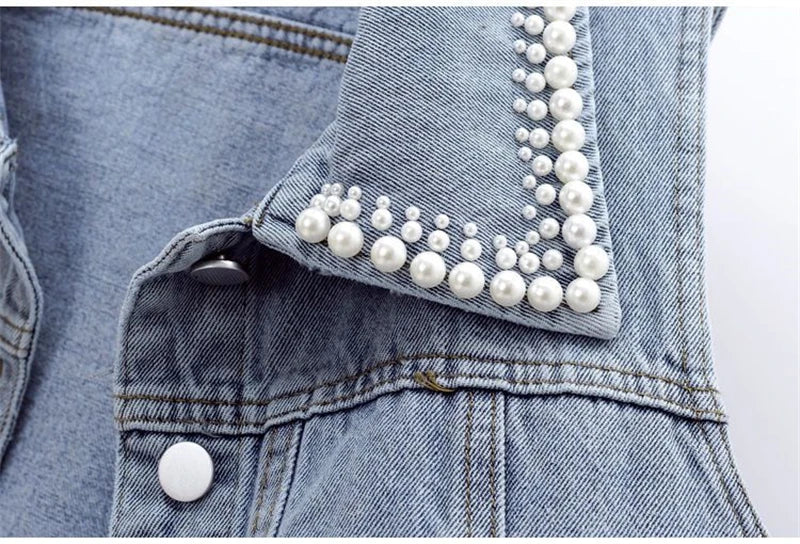 Women's Slim Denim Waistcoat – Beaded Pearls Spring Vibes ✨👖