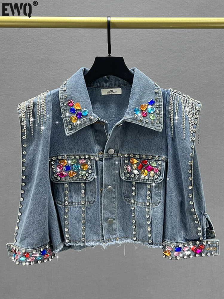 Colorful Diamond Denim Jacket: Trendy Tassel & Rivet Style! ✨