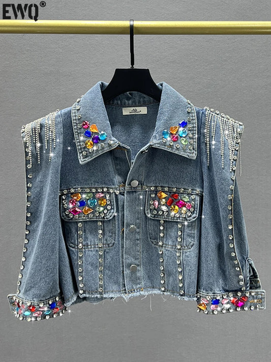 Colorful Diamond Denim Jacket: Trendy Tassel & Rivet Style! ✨