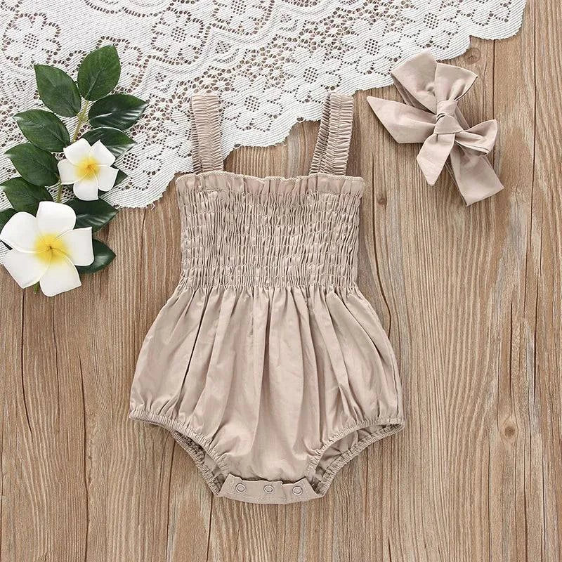 Shop All I Want Khaki / 18M Shop All I Want 👶 Baby Summer Jumpsuit – Solid Color, Ruched Romper with Sleeveless Suspender & Headband Set 🌞