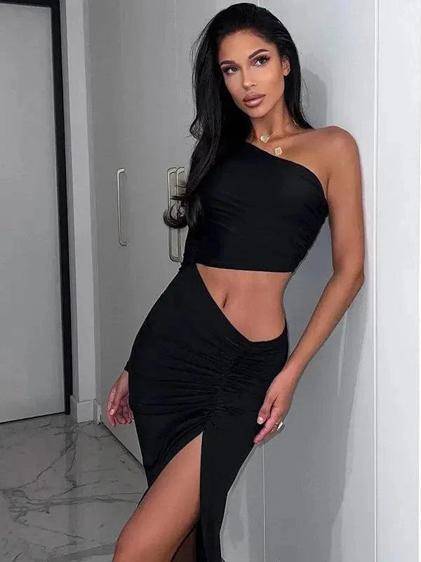 Shop All I Want black / L SHOP ALL I WANT Long Sleeve One Shoulder Maxi Dress - Prom Ready Glam 🌴