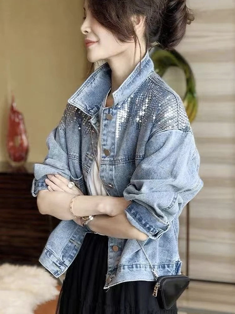 Women's Denim Coat Full Pearls & Beaded Crystal Long Sleeve Jacket 💎