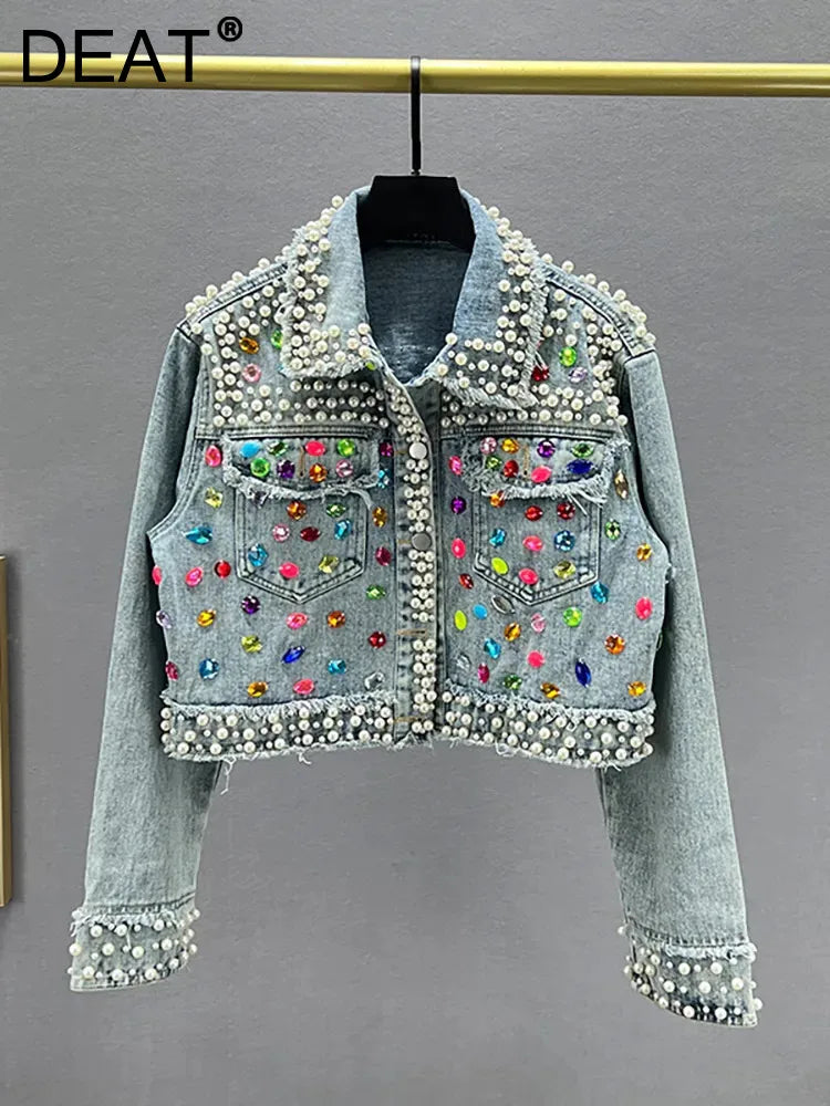 Women's Denim Coat Full Pearls & Beaded Crystal Long Sleeve Jacket 💎