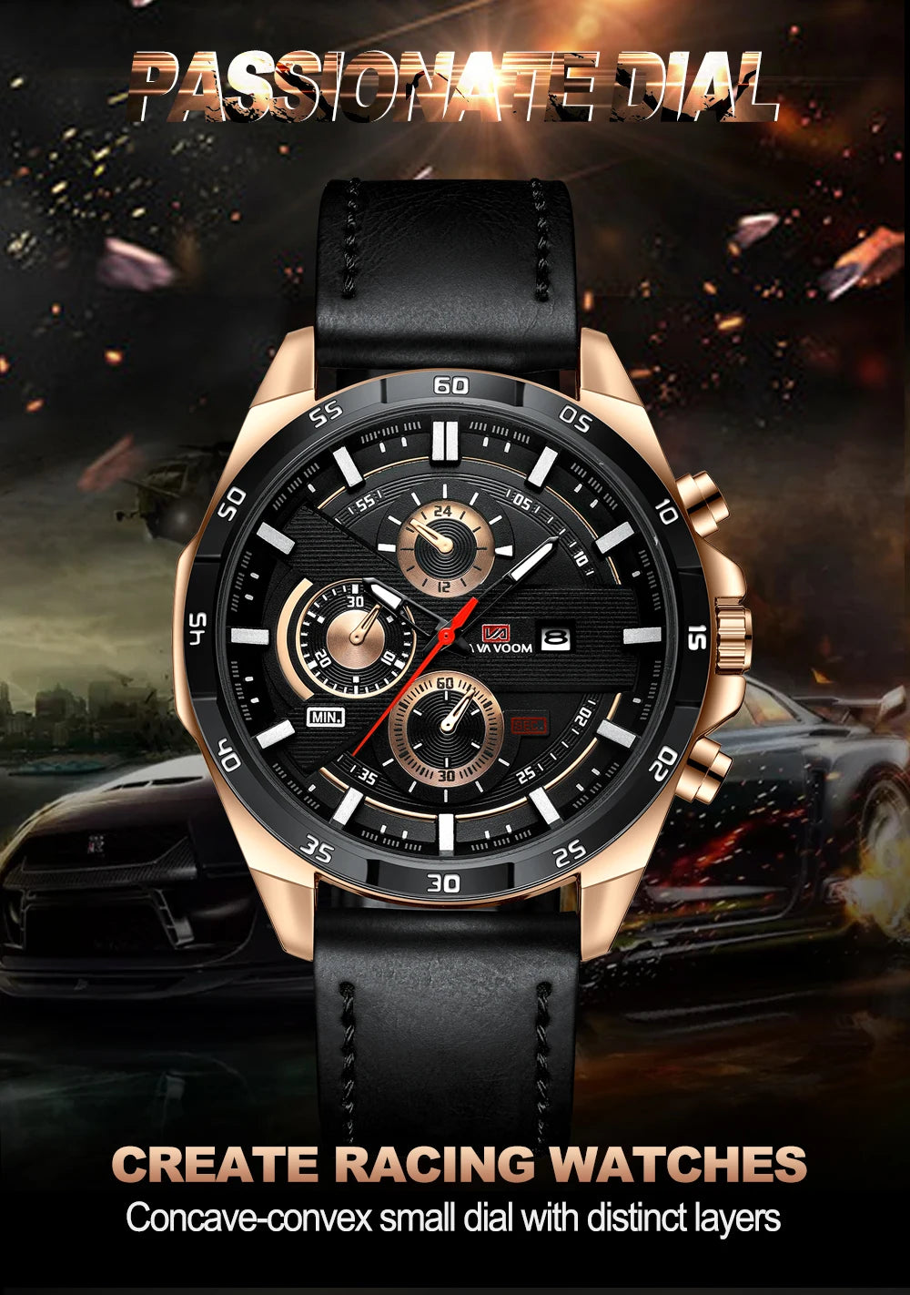 Men’s Sports Style Watch – 46mm Large Leather Racing Quartz Watch with Calendar Function in Black and Rose Gold 🌟⌚