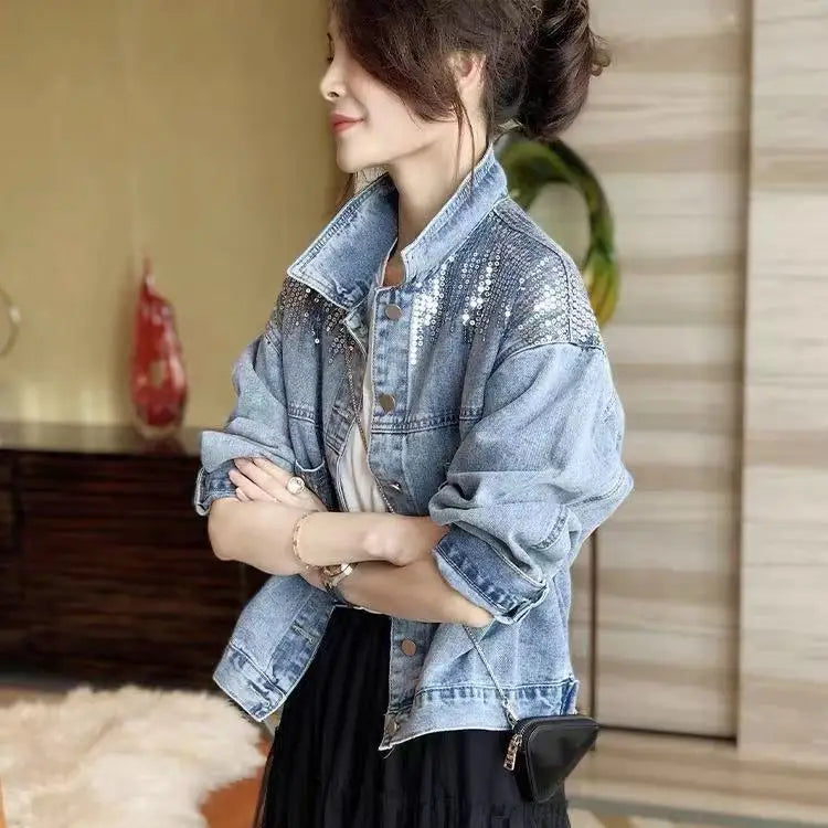 Women's Denim Coat Full Pearls & Beaded Crystal Long Sleeve Jacket 💎