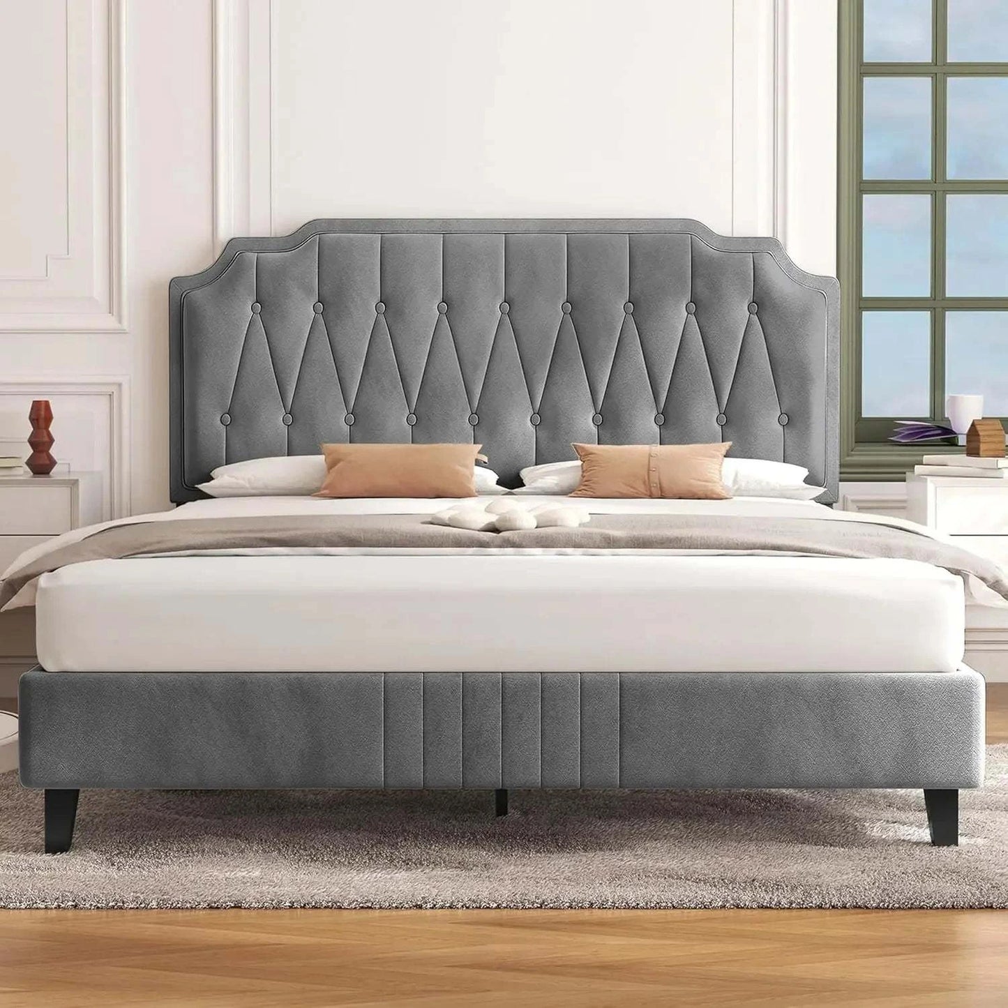 Bed Frame with Curved, Height-Adjustable Headboard & Noise-Free WoodenTransform your bedroom into a serene retreat with this modern bed frame, featuring a curved, height-adjustable headboard for ultimate comfort and style. The velvet fShop All I WantShop All I WantBed Frame