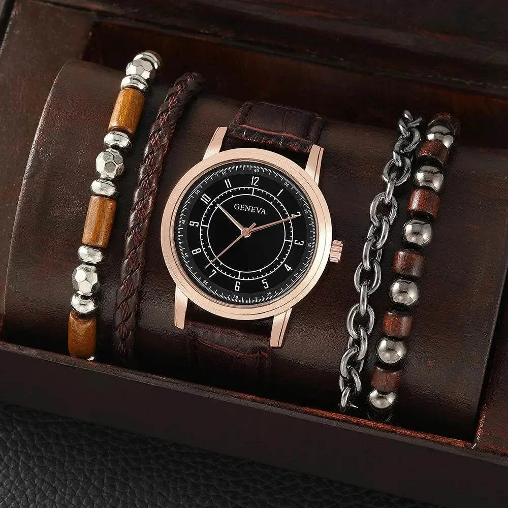 Shop All I Want Brown Shop All I Want 🕰️ 4pcs Men's Watch Set – Quartz, Simple & Elegant, Business & Leisure Bracelet Watches 💼