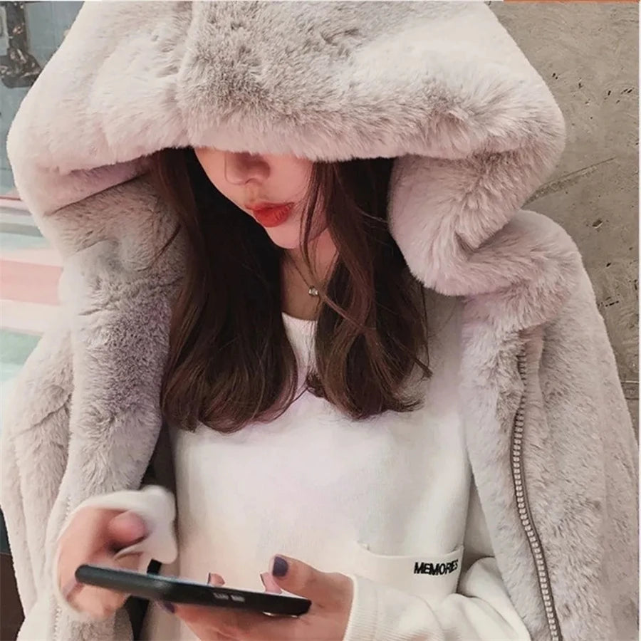 Hooded Faux Rabbit Fur Jacket – Loose Thicken Plush Coat for Women, Luxury Winter Furry Chaquetas ❄️✨