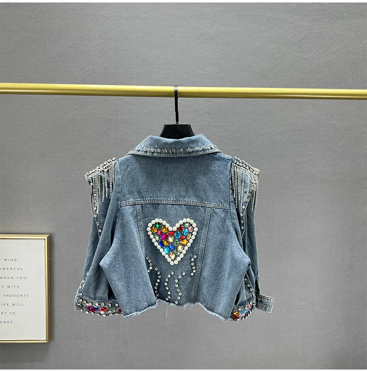 Colorful Diamond Denim Jacket: Trendy Tassel & Rivet Style! ✨