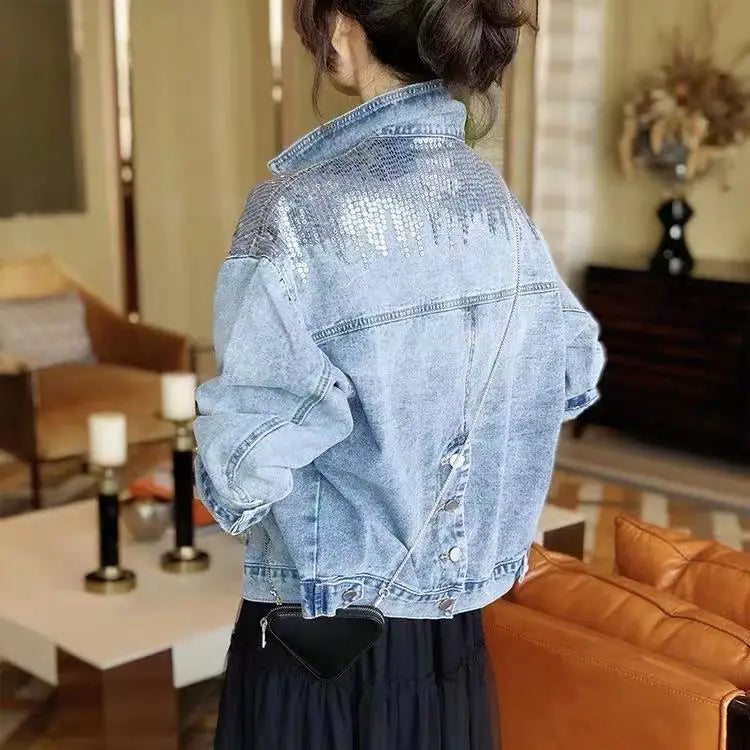 Women's Denim Coat Full Pearls & Beaded Crystal Long Sleeve Jacket 💎