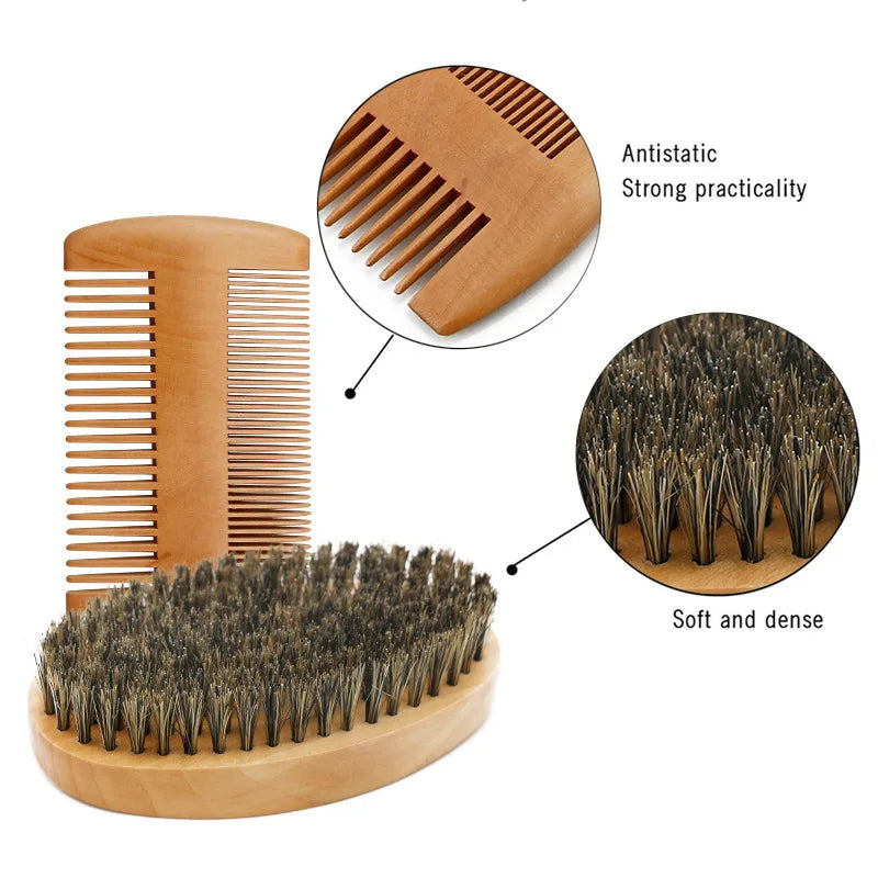 Professional Soft Boar Bristle Wood Beard Brush – Shaving Brush & Mustache Comb Kit with Gift Bag 🎁✨