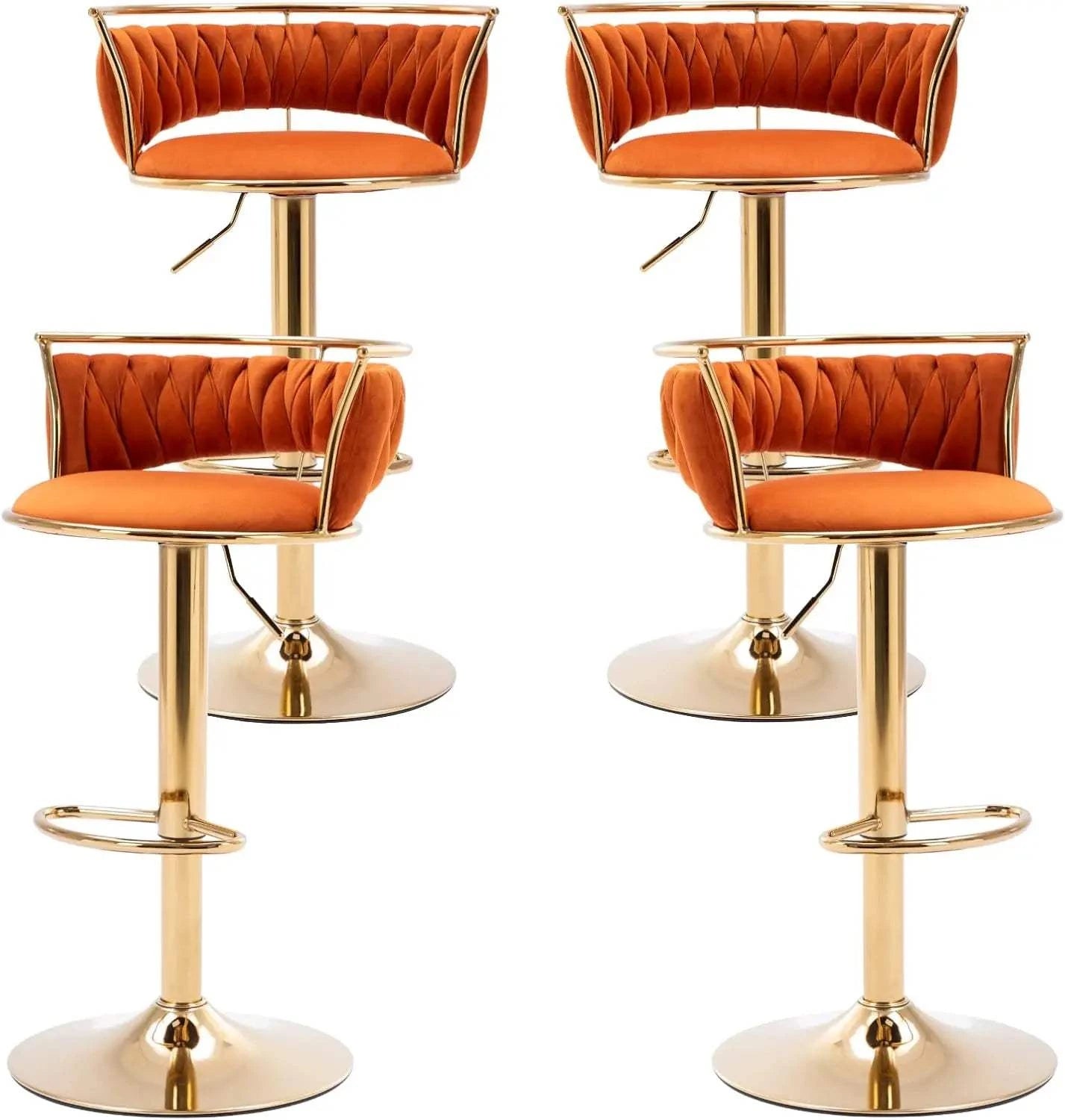 Bar Stools Set of 4, Adjustable Counter Height with Back, Solid Gold BAdd a pop of color and luxury to your space with this stunning set of four bar stools. The adjustable counter height feature and velvet upholstery provide both comfoShop All I WantShop All I WantBack, Solid Gold Base & Velvet Swivel, Orange 🍊