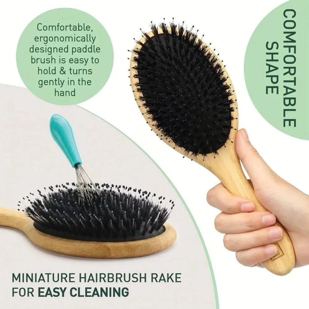 Shop All I Want Shop All I Want 💆‍♀️ Natural Boar Bristle Hair Brush – Bamboo Handle, Anti-Static, Scalp Massage & Detangling Styling Tool 🌟