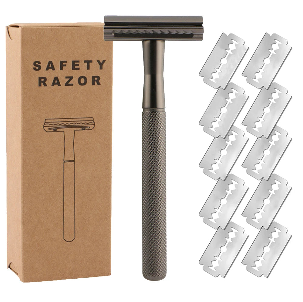 Safety Razor with Brass Weighted Handle – 5 Double Edge Blade Refills, Single Blade Razor for Men, Designed for Coarse Hair 🪒✨