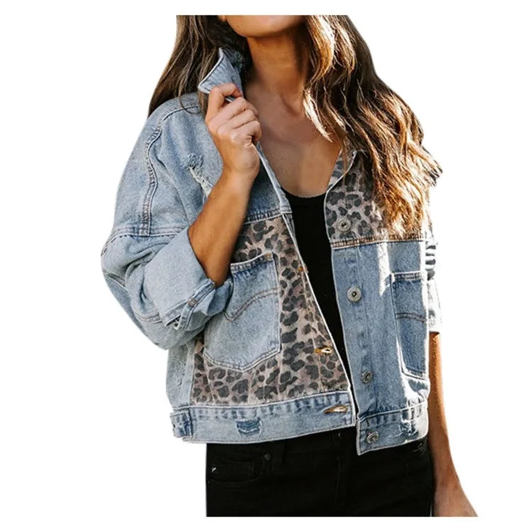 Leopard Stitching Denim Jacket for Women | Eeved Casual Outerwear 🌼