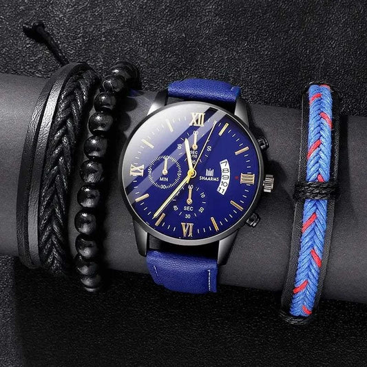 Shop All I Want Blue Shop All I Want 🕶️ 4pcs Men's Watch Set – Fashion Leather Band, Calendar & Military Sport Quartz Watches 🎁