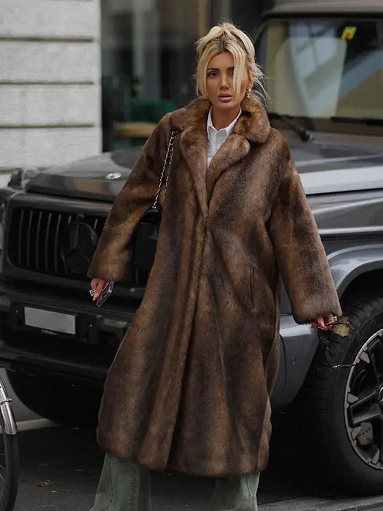 Women’s Dark Brown Faux Fur Overcoat: Plush & Warm Trench! ❄️🧥