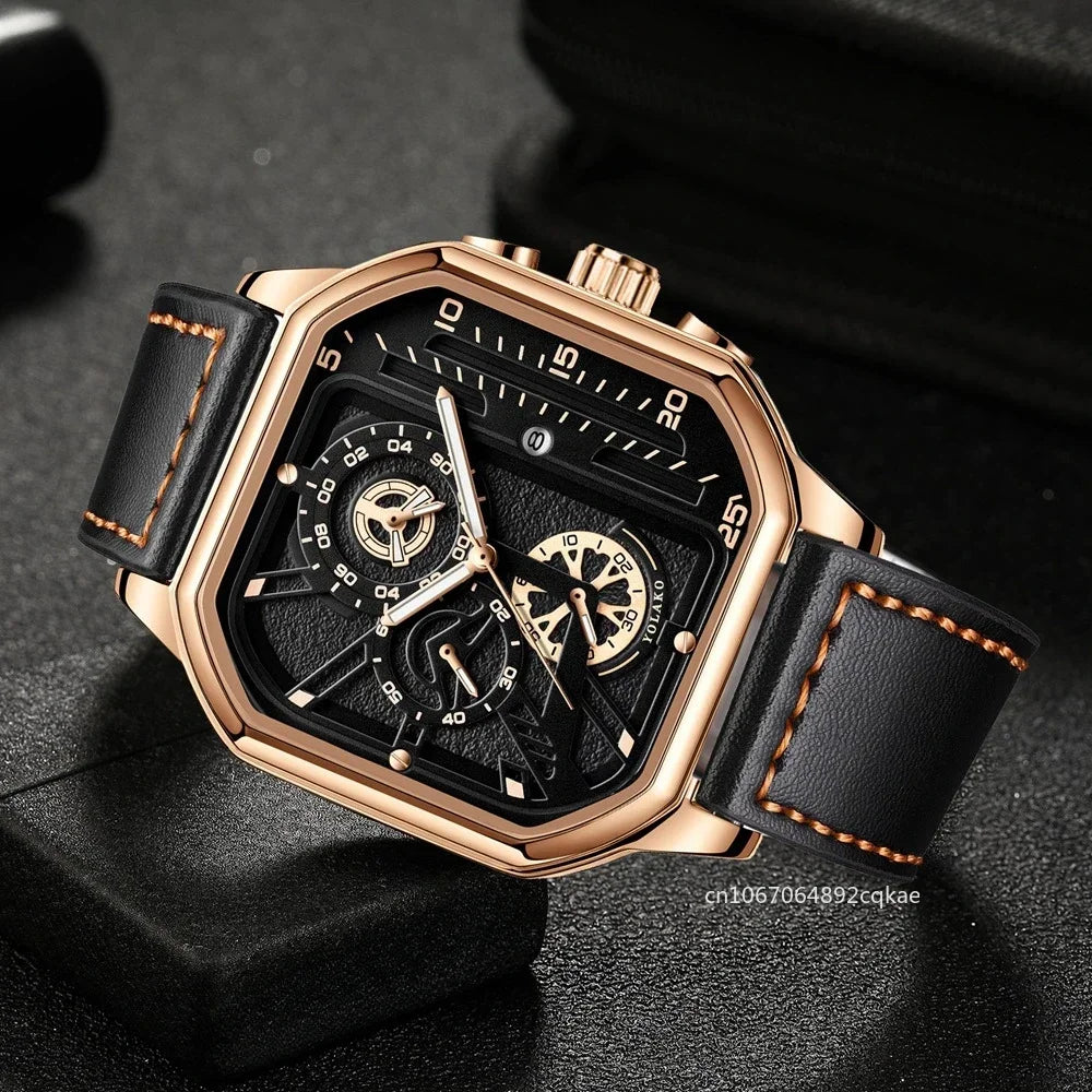 Men’s Quartz Watch – Alloy Dial Business Watch with PU Leather Strap & Big Square Sports Design ⌚⚡