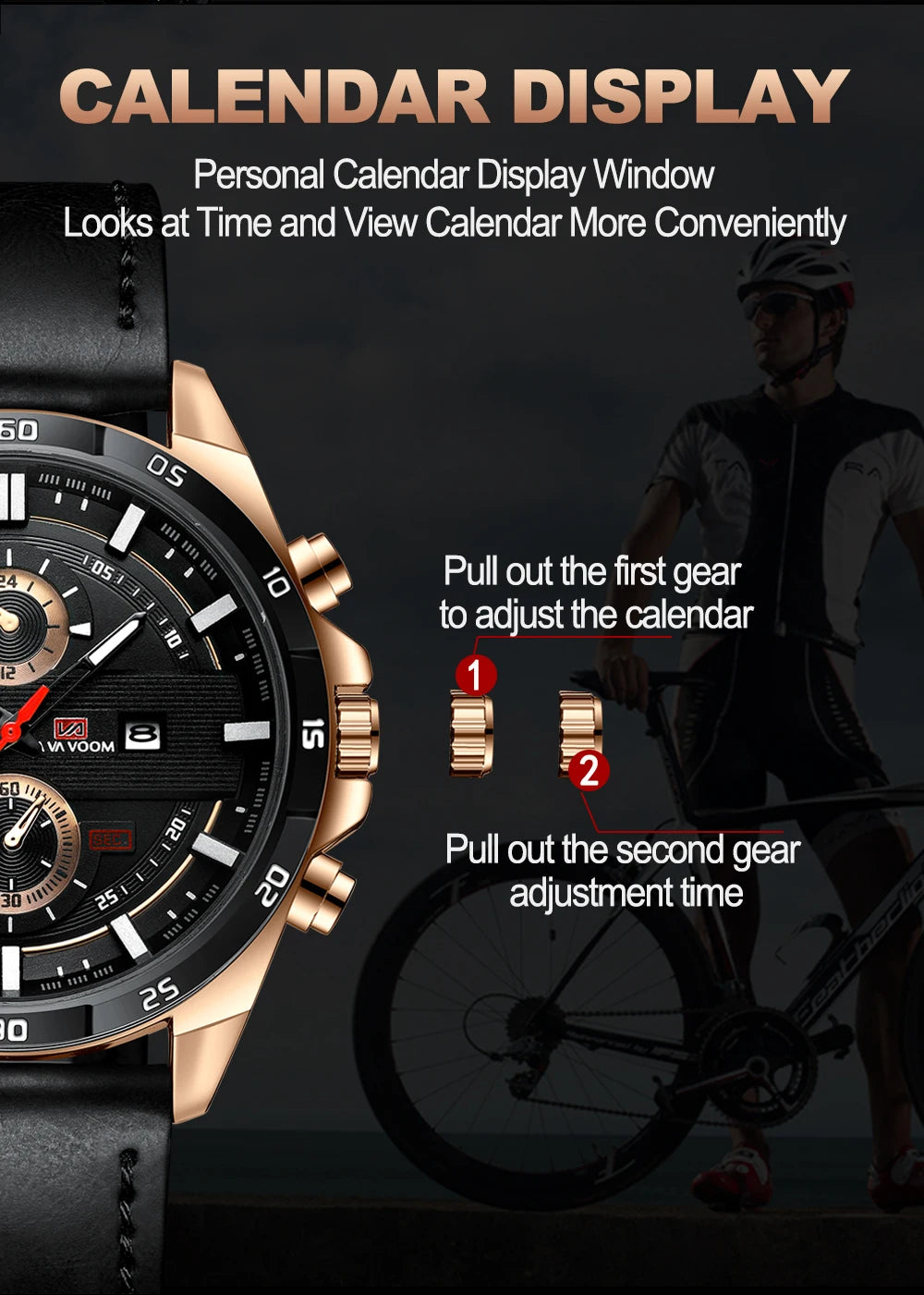 Men’s Sports Style Watch – 46mm Large Leather Racing Quartz Watch with Calendar Function in Black and Rose Gold 🌟⌚