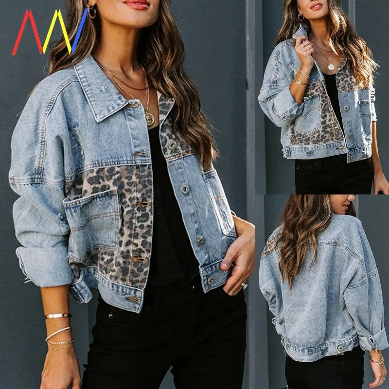 Leopard Stitching Denim Jacket for Women | Eeved Casual Outerwear 🌼