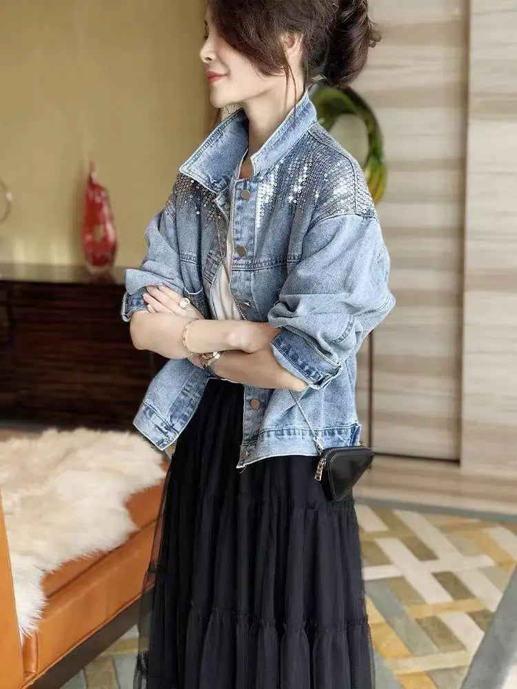 Women's Denim Coat Full Pearls & Beaded Crystal Long Sleeve Jacket 💎