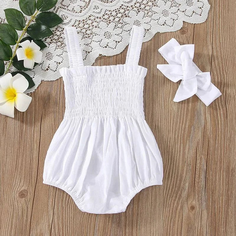 Shop All I Want WHITE / 18M Shop All I Want 👶 Baby Summer Jumpsuit – Solid Color, Ruched Romper with Sleeveless Suspender & Headband Set 🌞