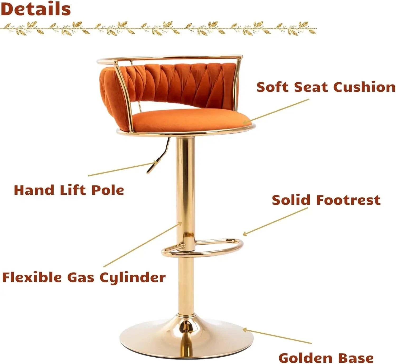 Bar Stools Set of 4, Adjustable Counter Height with Back, Solid Gold BAdd a pop of color and luxury to your space with this stunning set of four bar stools. The adjustable counter height feature and velvet upholstery provide both comfoShop All I WantShop All I WantBack, Solid Gold Base & Velvet Swivel, Orange 🍊