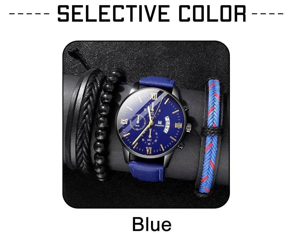 Shop All I Want Shop All I Want 🕶️ 4pcs Men's Watch Set – Fashion Leather Band, Calendar & Military Sport Quartz Watches 🎁