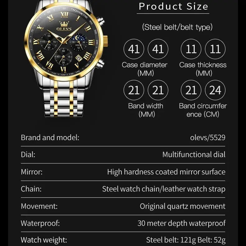 Top Luxury Brand Men's Watch – Waterproof Luminous Stainless Steel Lunar Phase Timing Quartz Watch ⌚🌙