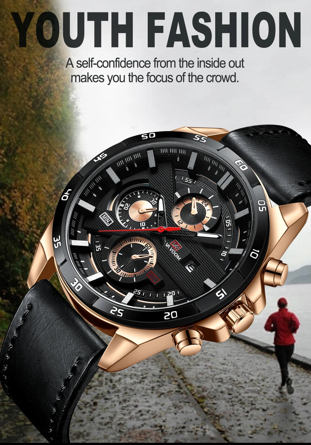 Men’s Sports Style Watch – 46mm Large Leather Racing Quartz Watch with Calendar Function in Black and Rose Gold 🌟⌚