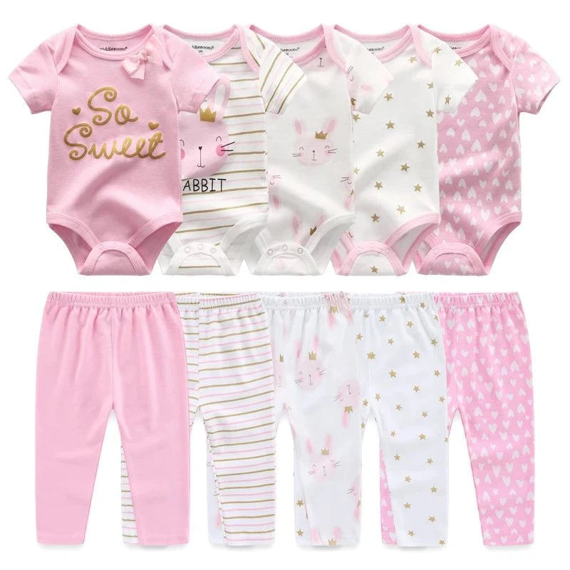 Shop All I Want Style 03 / 3M Shop All I Want 👶 Baby Girl Clothing Set – 5-Piece Cartoon Cotton Bodysuits & Pants, Short Sleeves Onesies 🌟