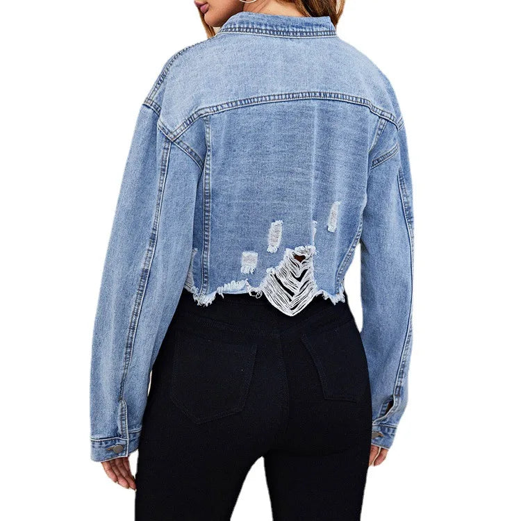 Casual Women’s Torn Denim Jacket – European & American Street Fashion Style 🇪🇺🇺🇸