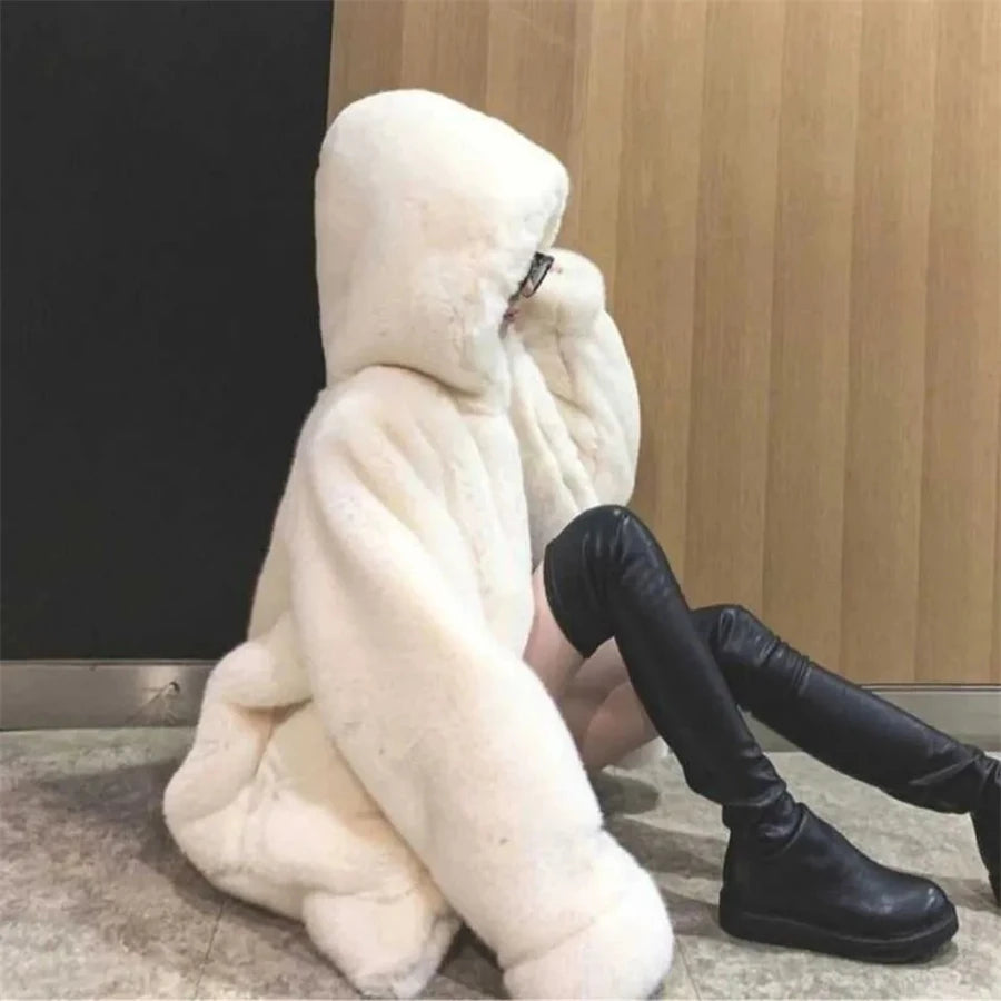 Hooded Faux Rabbit Fur Jacket – Loose Thicken Plush Coat for Women, Luxury Winter Furry Chaquetas ❄️✨