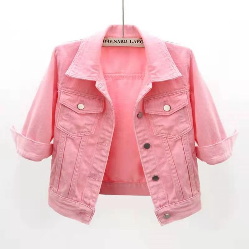 Women’s Denim Jacket | Pink Solid Short Multicolor Jean Jacket 🌸