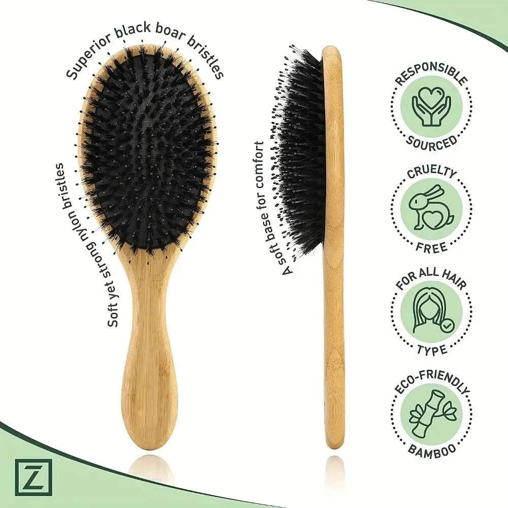 Shop All I Want Shop All I Want 💆‍♀️ Natural Boar Bristle Hair Brush – Bamboo Handle, Anti-Static, Scalp Massage & Detangling Styling Tool 🌟