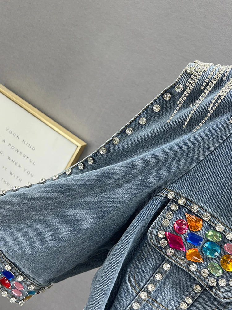 Colorful Diamond Denim Jacket: Trendy Tassel & Rivet Style! ✨