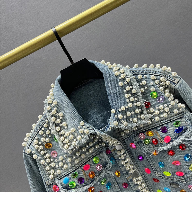 Women's Denim Coat Full Pearls & Beaded Crystal Long Sleeve Jacket 💎