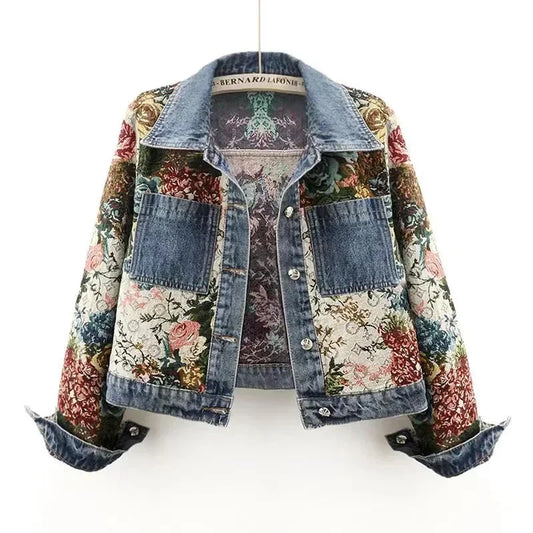 Print Denim Jacket for Women | Splicing Long Sleeve Fashion Coat 🌼