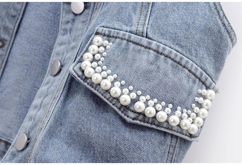 Women's Slim Denim Waistcoat – Beaded Pearls Spring Vibes ✨👖