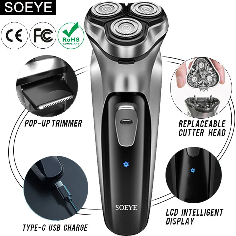 Men's Electric Shaver – SOEYE 3D Floating Blade Beard Trimmer, USB Rechargeable & Washable Shaving Machine 🪒⚡